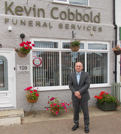 A picture of the owner - Kevin Cobbold Funeral Director outside Kevin Cobbold Funeral Services in Norwich
